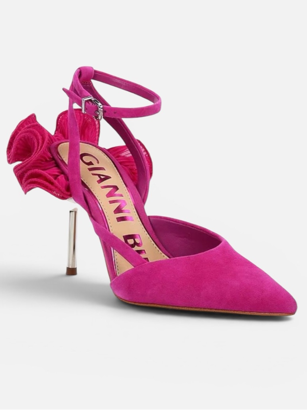 Gianni Bini Pink Suede Pointed Ankle-Strap Pump with Ruffle Pearl Heel $159 - Picture 7 of 7